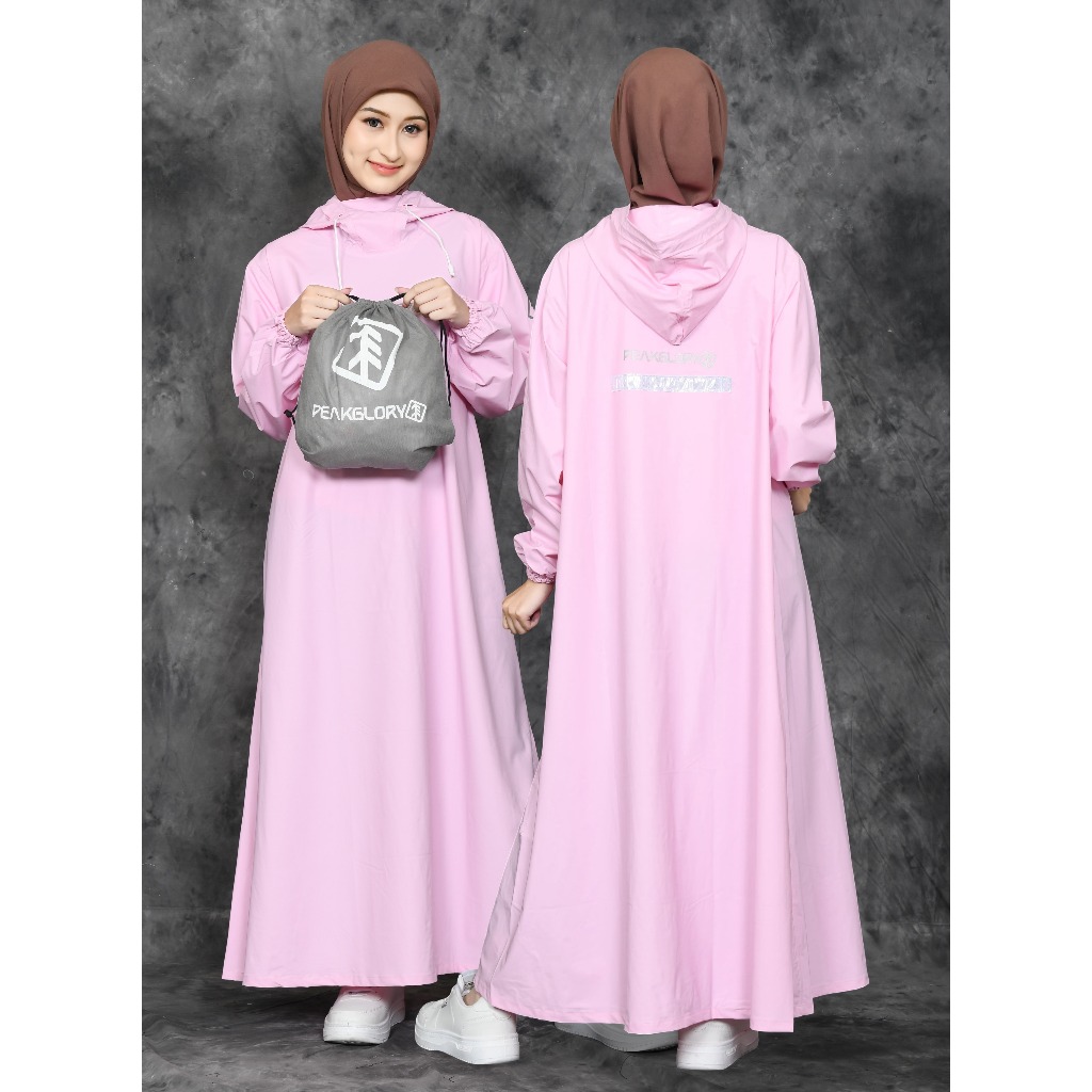 PEAKGLORY Jas Hujan Wanita Pink Pastel Lucu Aesthetic Gamis Wanita Muslimah