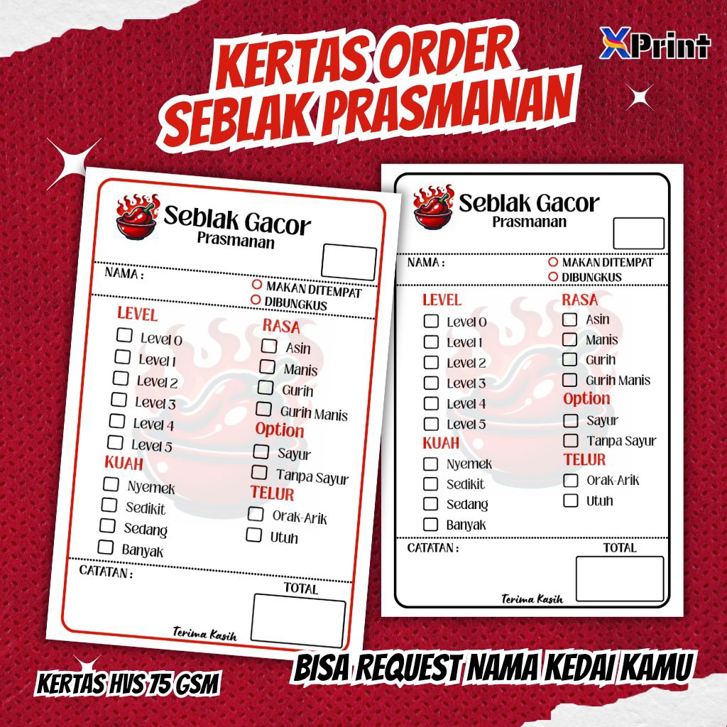 [100pcs V8] Kertas order seblak prasmanan / cetak kertas menu seblak prasmanan custom