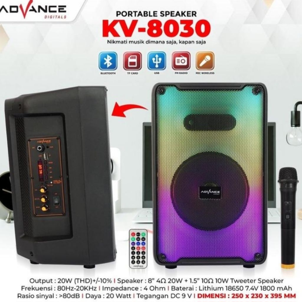ADVANCE SPEAKER PORTABLE BLUETOOTH 8 INCH KV-8030