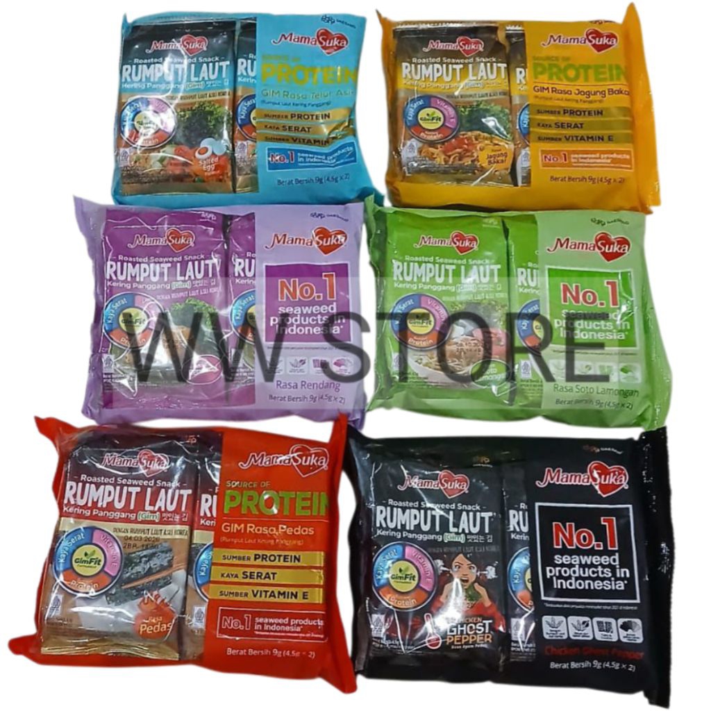 

Cemilan snek makanan ringan rumput laut kering panggang rasa telur asin jagung bakar ayam pedas Korea halal MUI Mama Suka MamaSuka Roasted Seaweed Snack ( Gim ) Soto Lamongan Rendang Roasted Corn Salted Egg Spicy Chicken Ghost Pepper Flavour 2x4.5g