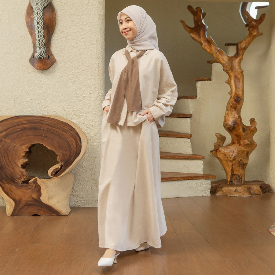 Hijabi One Set Linen Setelan Rok & Kemeja Wanita