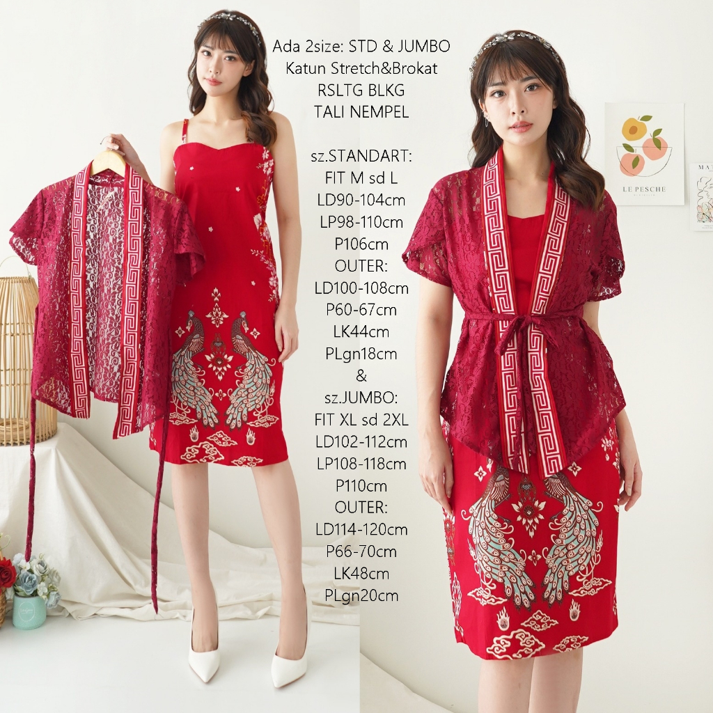 Set Dress Midi Batik Tanktop Lengan Setali Katun Stretch dan Outer Cardi Brokat Glitter Setelan Teru