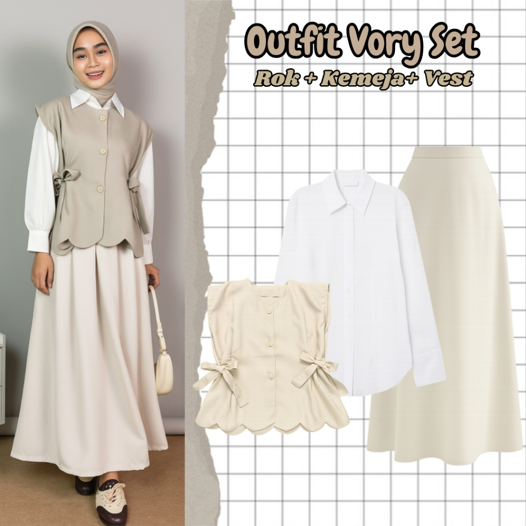 Wannadoo - Outfit Vory Set 4in1 | Kemeja Putih, Rok A-Line, Vest Cherish | Setelan One Set Hijab Sty