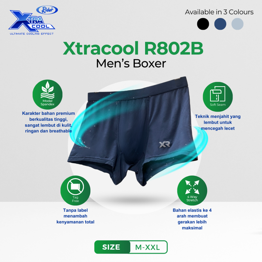 Rider Xtracool Boxer Brief Modal Mesh Spandex - Boxer Pria R802B Warna Navy isi 1 Pcs