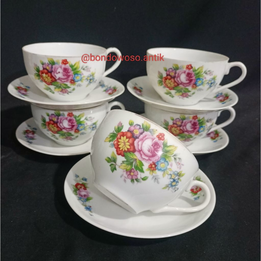 5 Cangkir teh bulat besar motif bunga"