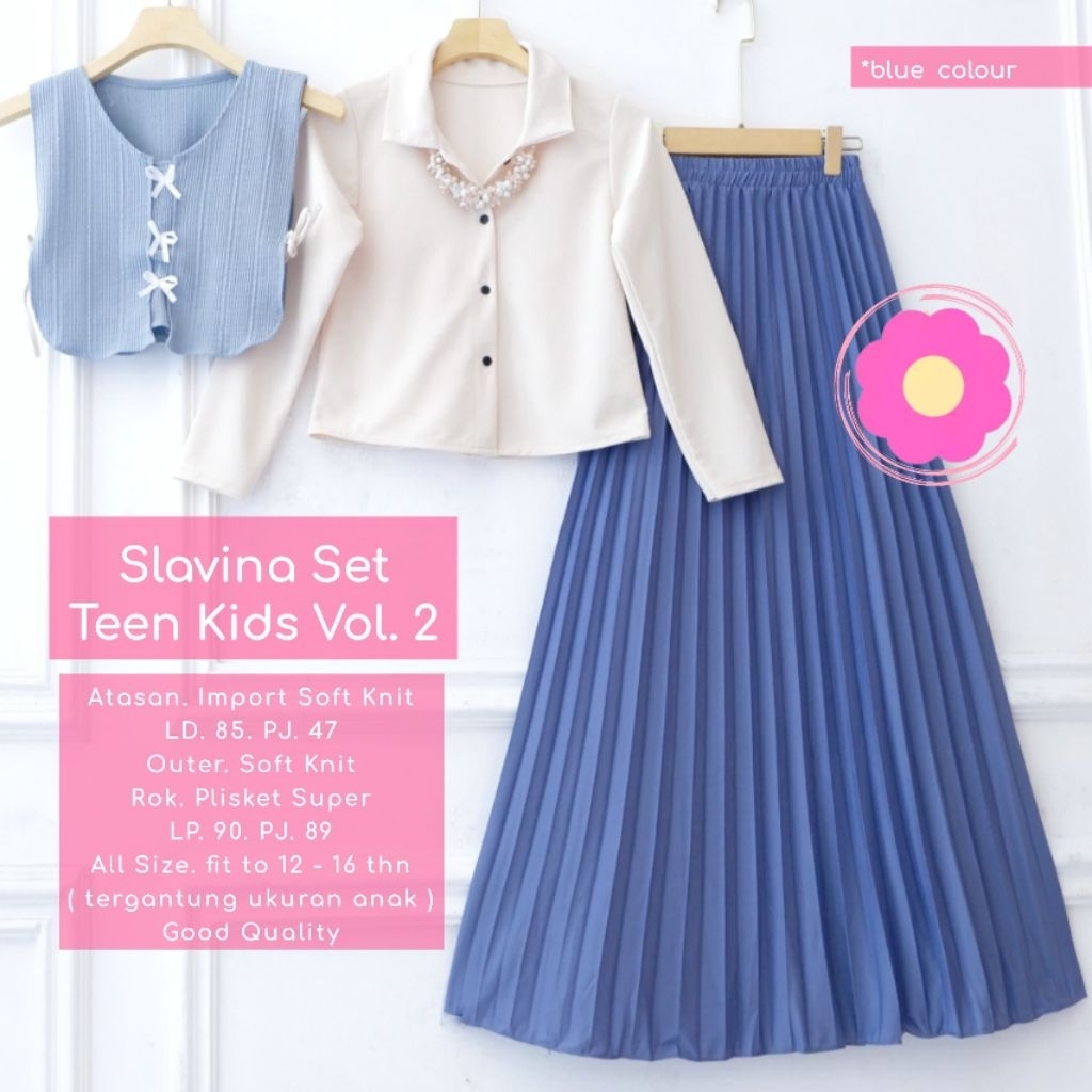 Slavina set kids 3in1 baju atasan outer rok plisket anak SD tanggung remaja outfit ABG