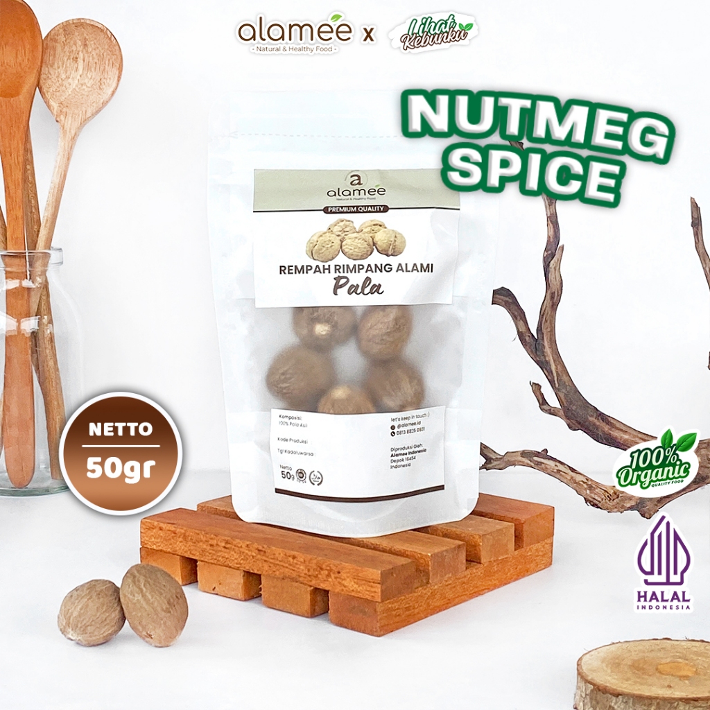 

ALAMEE Biji Pala Utuh Rempah Kering Nutmeg Whole Rimpang Organik Alami Bumbu Seasoning Masakan 50gr LIHAT KEBUNKU