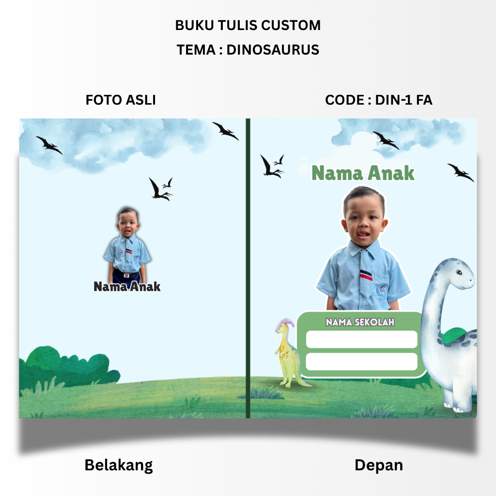 

BUKU TULIS CUSTOM - TEMA DINOSAURUS - STANDART UKURAN SIDU 160X210 - BISA PAKAI FOTO ANAK ASLI ATAU UBAH KE KARTUN