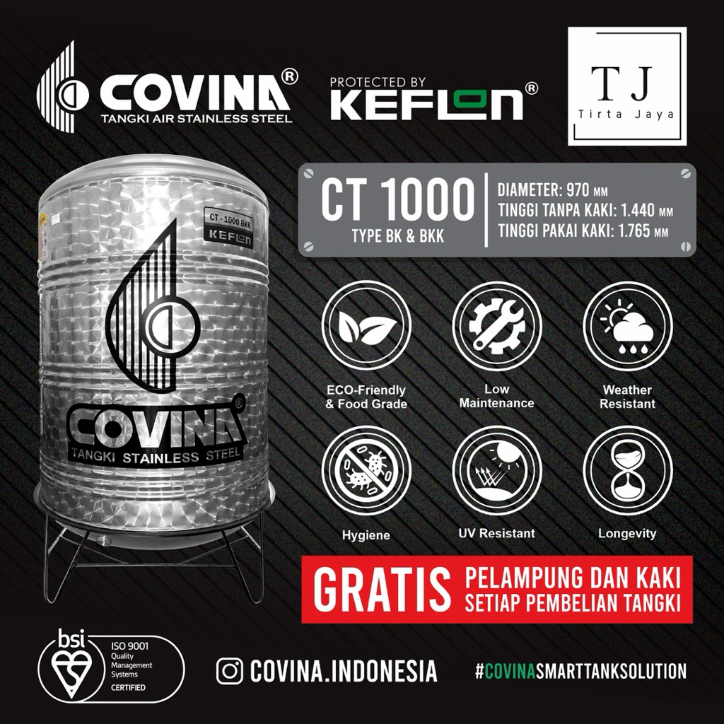 Tangki Air COVINA STAINLESS STEEL CT 1000 BK BKK Tandon Air Toren Air