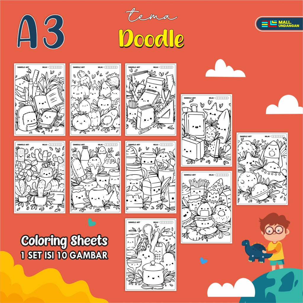 

LEMBAR KERTAS MEWARNAI TEMA DOODLE- PAPER COLORING SHEETS FOR KIDS - KERTAS GAMBAR ANAK A3