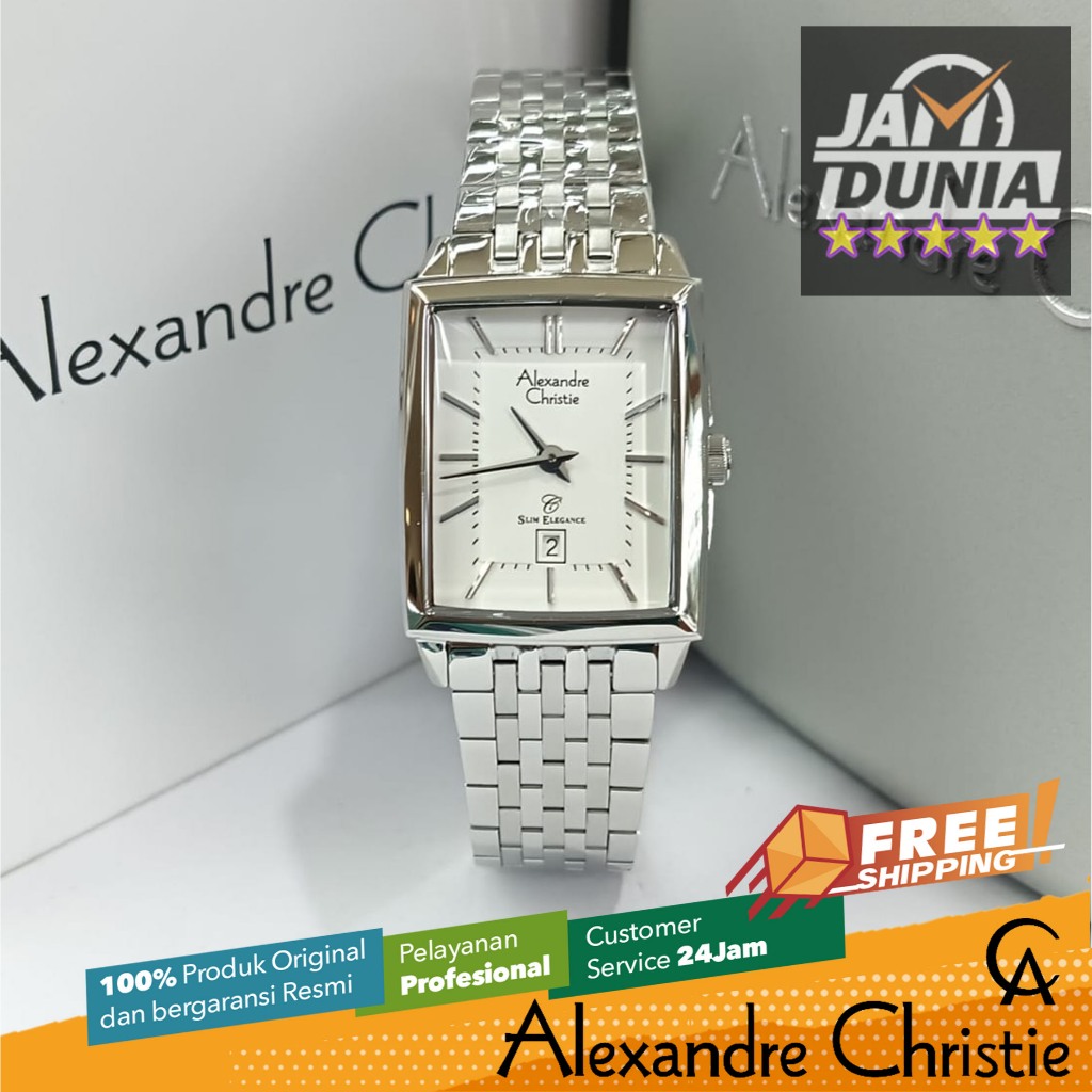 JAM TANGAN ANALOG WANITA KOTAK ALEXANDRE CHRISTIE ORIGINAL SILVER STRAP STAINLES STEEL 8708 AC 8708 