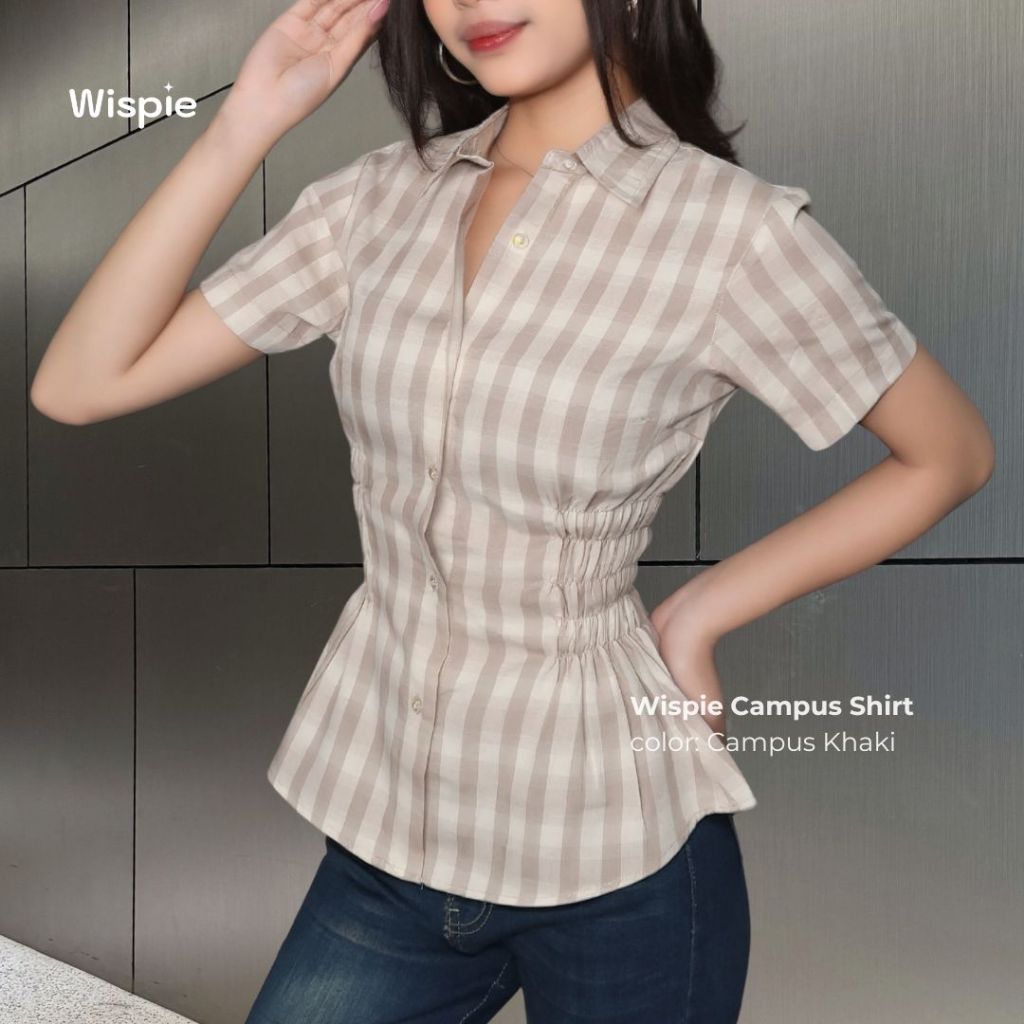 PRODUK TERBARU Wispie Campus Shirt Kemeja Kotak Lengan Pendek Wanita Fitted Slim Fit Blouse Karet