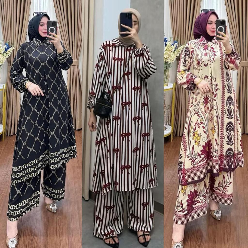 Emory One Set Kulot Jumbo Tunik Rayon Motif Baju Dewasa Wanita Setelan Celana Enamosa Batik