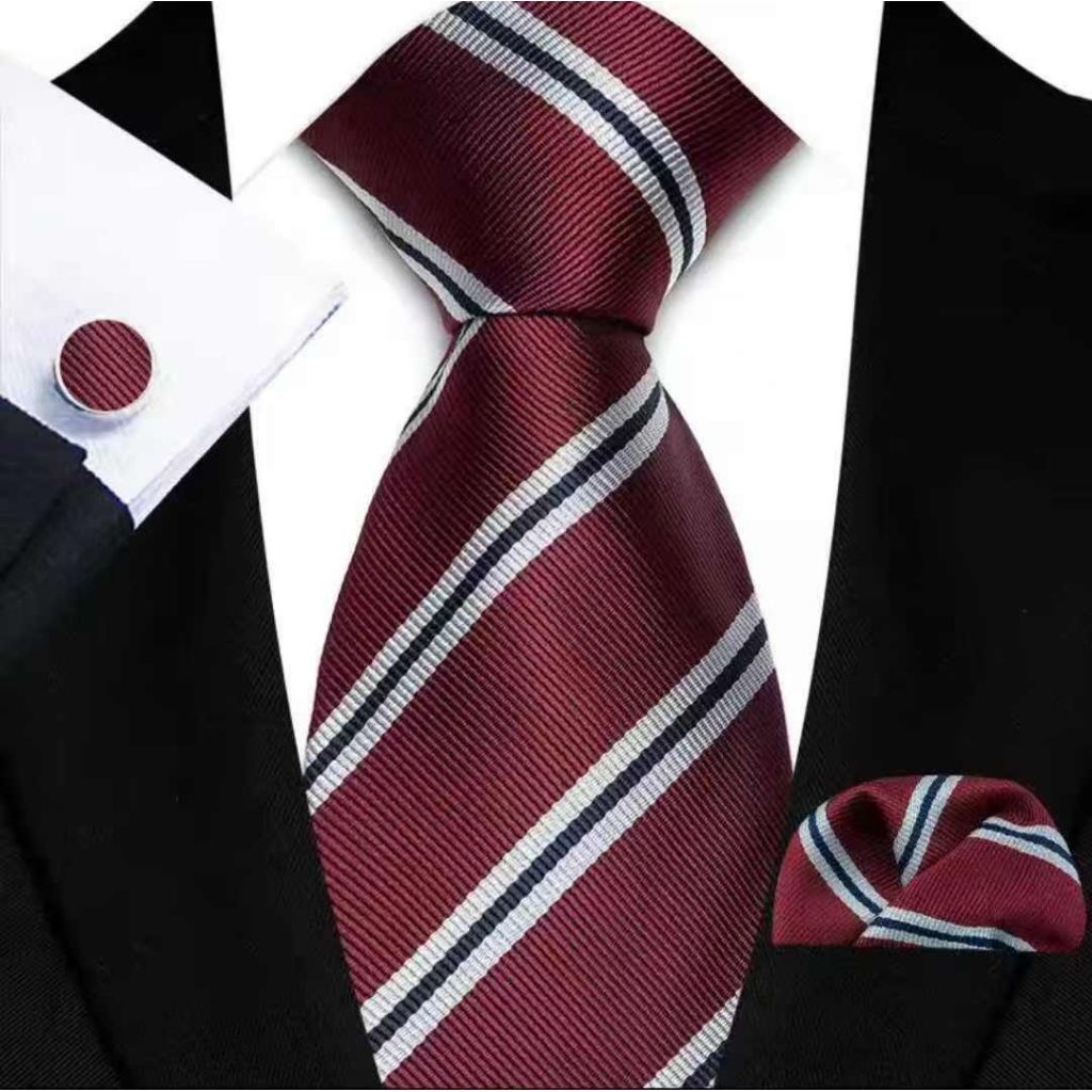 gift set dasi panjang long tie pria dewasa 3 inch maroon stripes black merah marun garis motif hitam