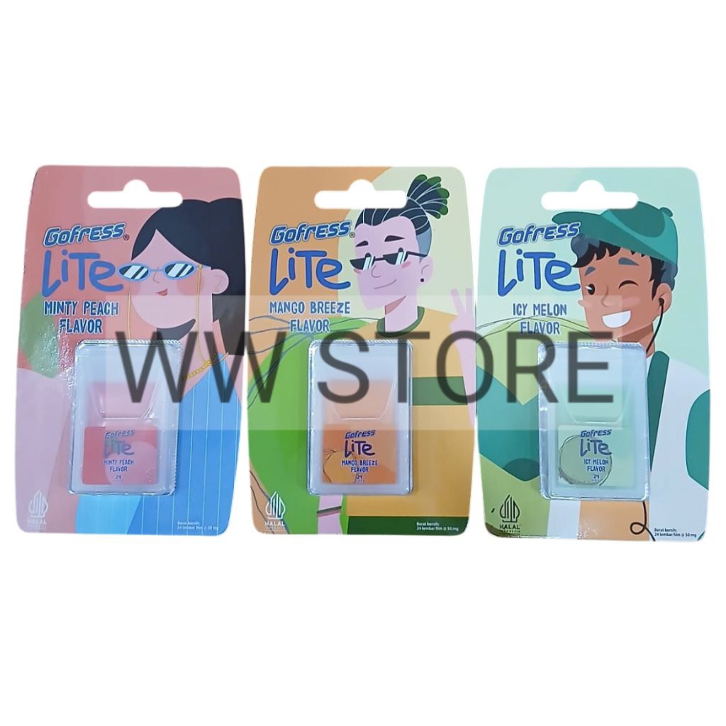 

Permen Penyegar Mulut Gofress LiTe MINTY PEACH / MANGO BREEZE / ICY LEMON FLAVOR Refreshing Oral Care Strips isi 24 lembar film @ 50mg