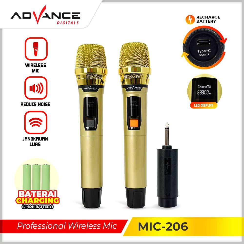 MIC WIRELESS CHARGER ADVANCE MIC-206 Microphone Double Wireless Professional MIC 206 Mic Karaoke Kar