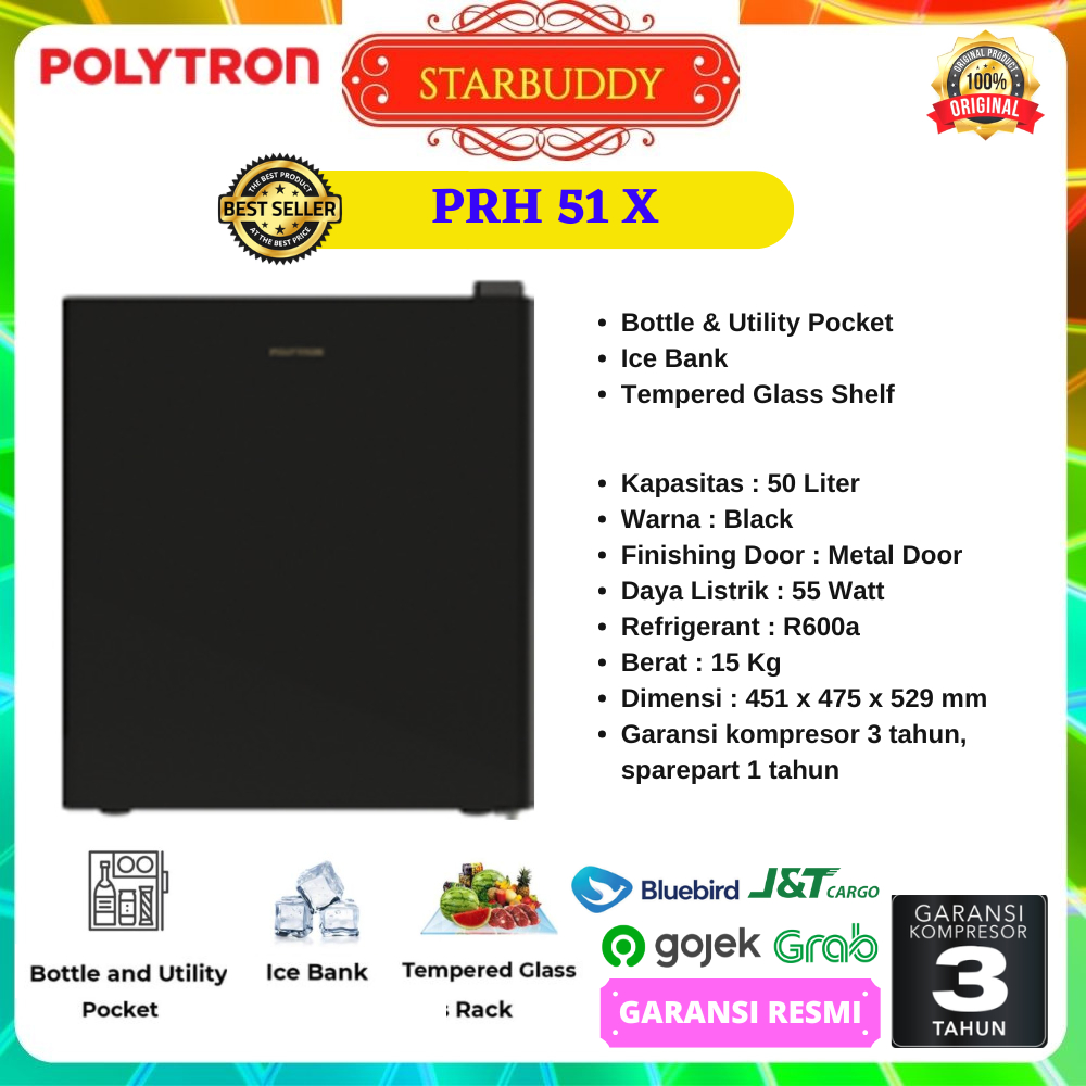 KULKAS MINI POLYTRON PRH51X PORTABLE COCOK UNTUK APARTMENT, KOST, KAMAR, KANTOR (INSTANT)