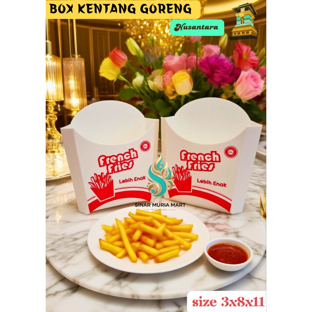 

(French fries) Box Bungkus kentang goreng ivory tebal, kemasan kentang goreng glossy,100 pcs