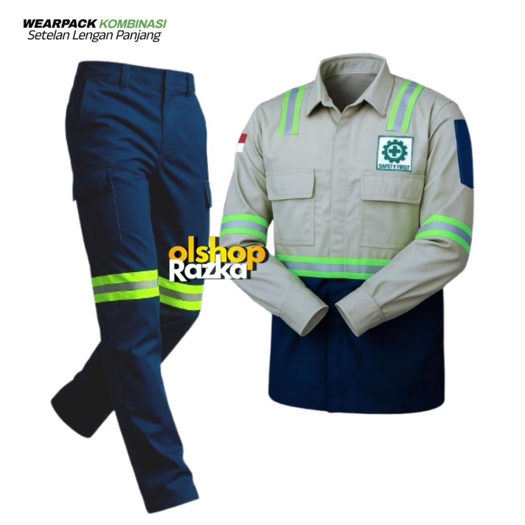 Wearpack Stelan Baju Safety Seragam Kerja Lapangan Tangan Panjang Bahan Americal Drill Cream