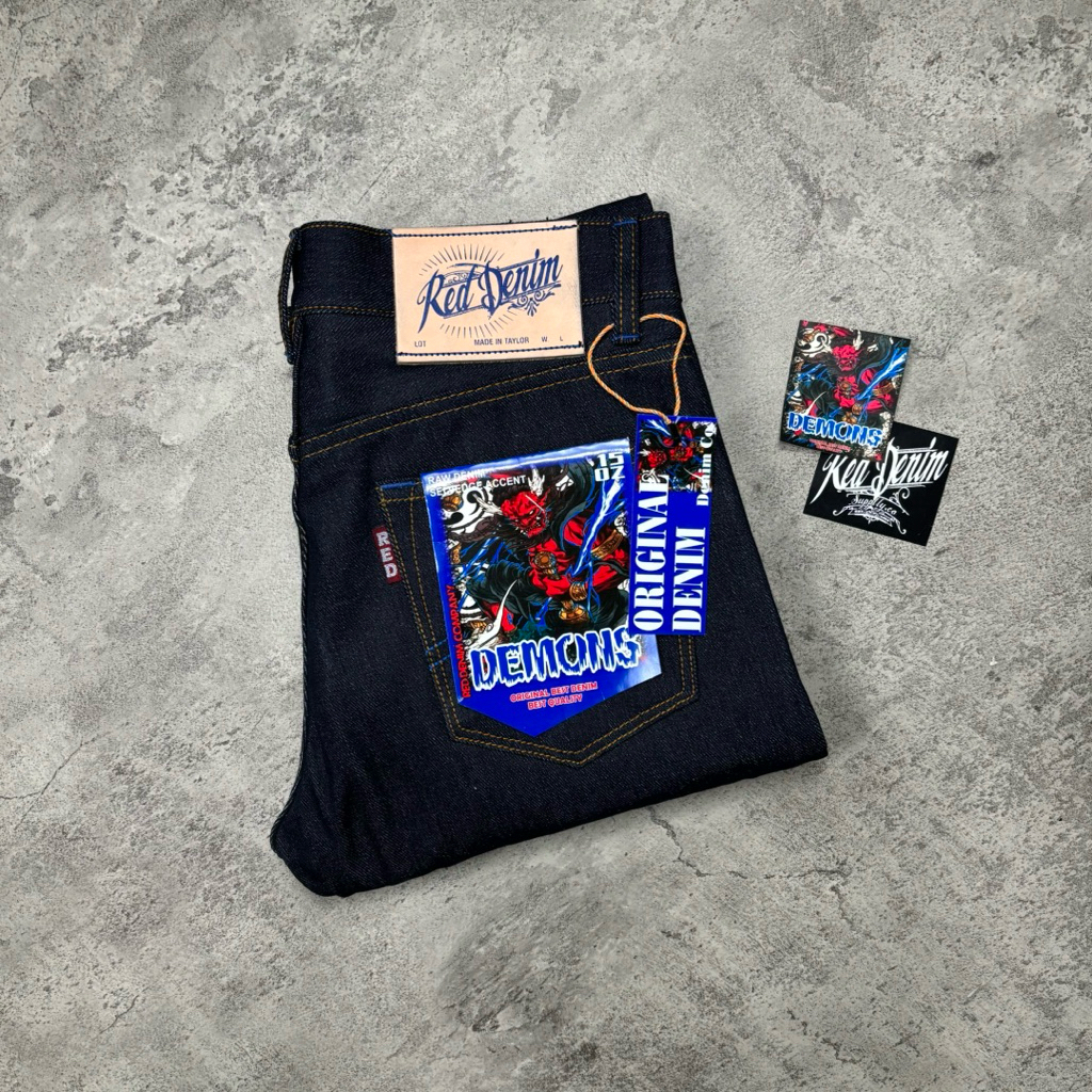 RED DENIM - Art DEMONS 15oz Sanforized Denim Accent Selvedge Blue Line Original
