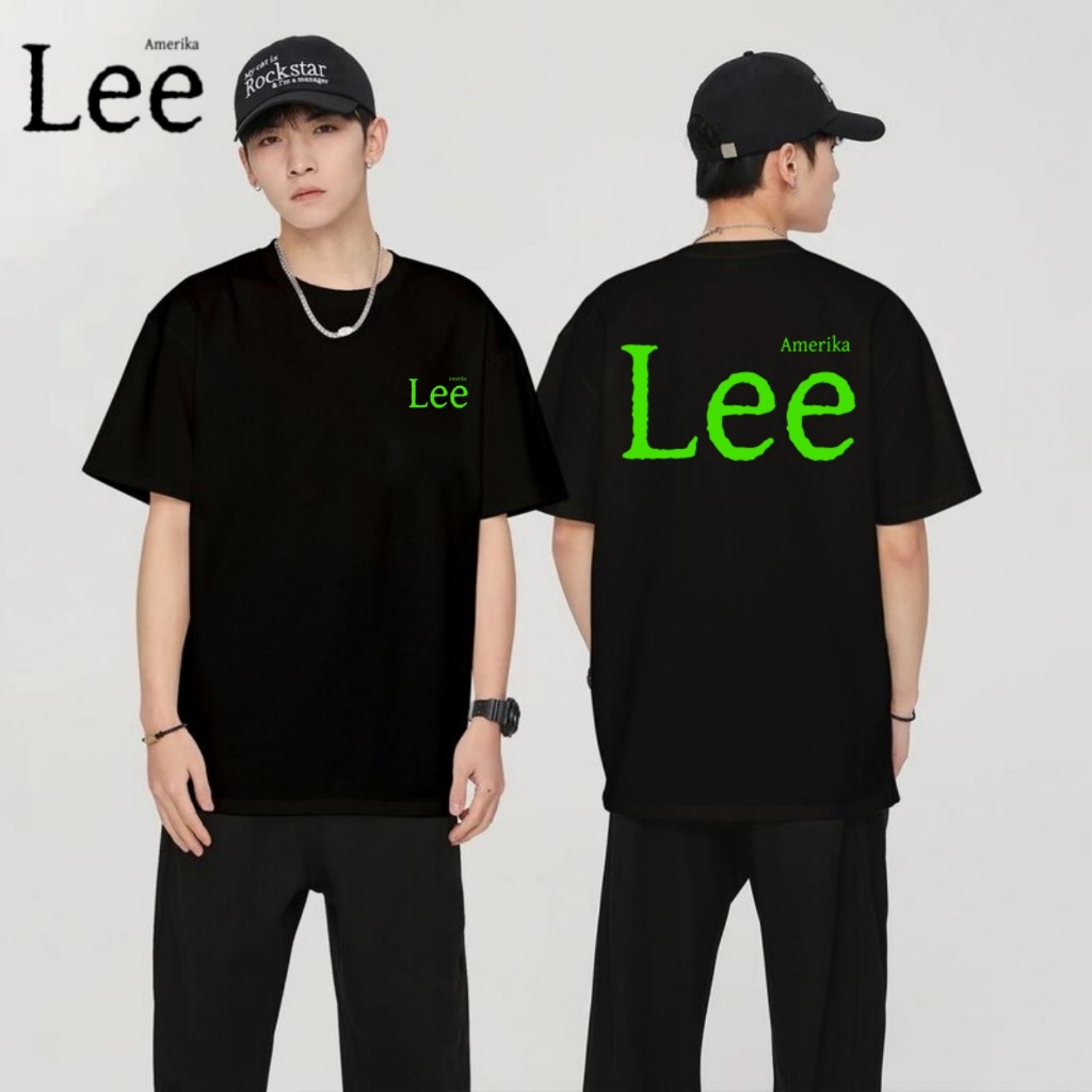 Baju Lee Hitam Pria, Logo Hijau Neon yang Menonjol, Fashion Trendy
