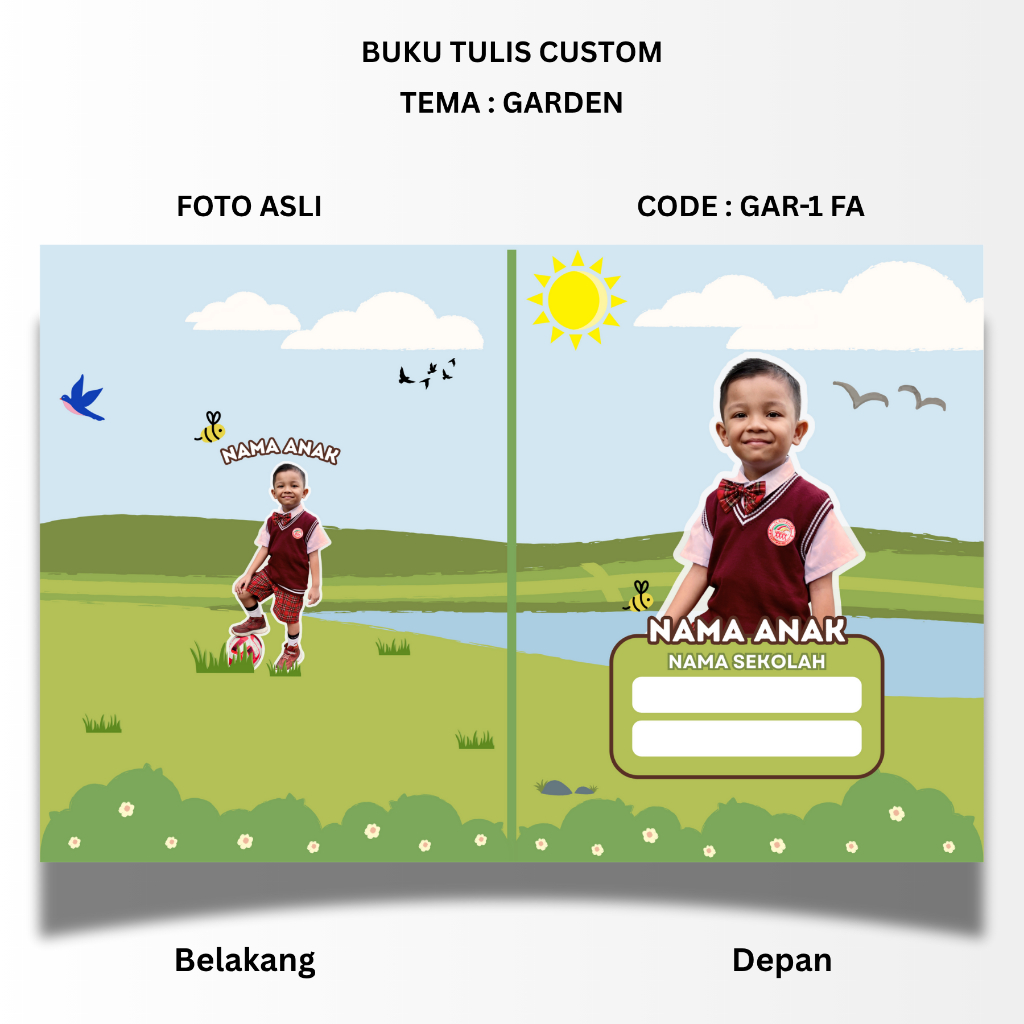 

BUKU TULIS CUSTOM - TEMA GARDEN - STANDART UKURAN SIDU 160X210 - BISA PAKAI FOTO ANAK ASLI ATAU UBAH KE KARTUN