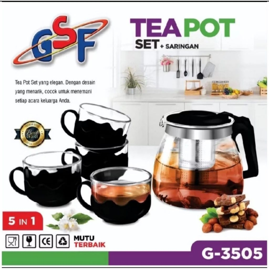 TEAPOT / TEKO KACA SET + SARINGAN TEH 5PCS 5IN1 GSF 3505 WARNA HITAM
