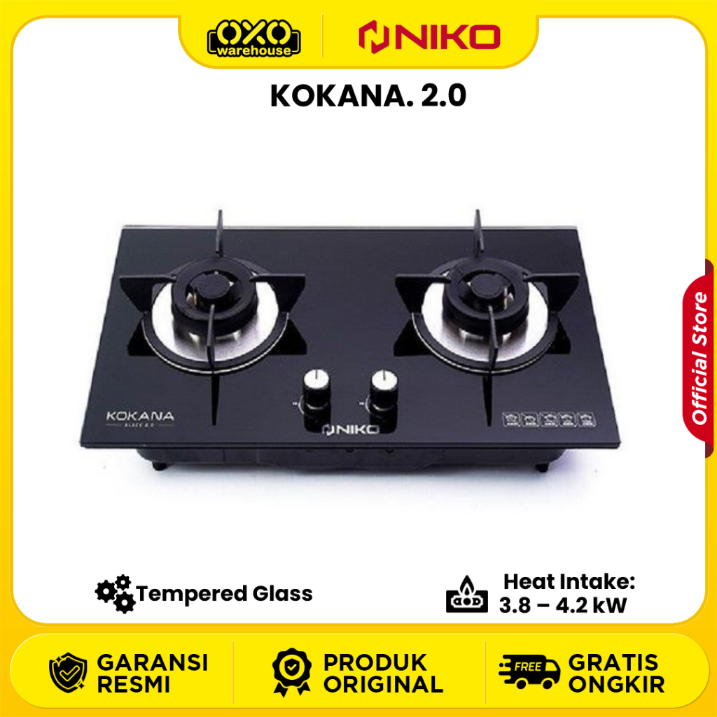 Kompor Gas Niko Kokana Black 2.0 - Kaca Tempered 8mm, 2 Tungku Tembaga, Hitam