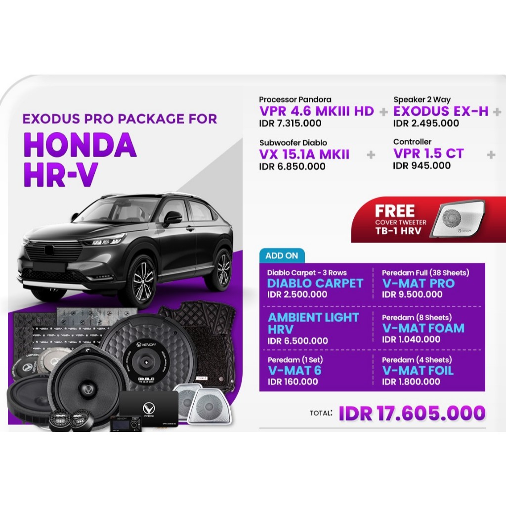 Paket Audio Full Set OEM HONDA HRV VENOM Exodus 2-Way Package Audio Mobil Plug and Play