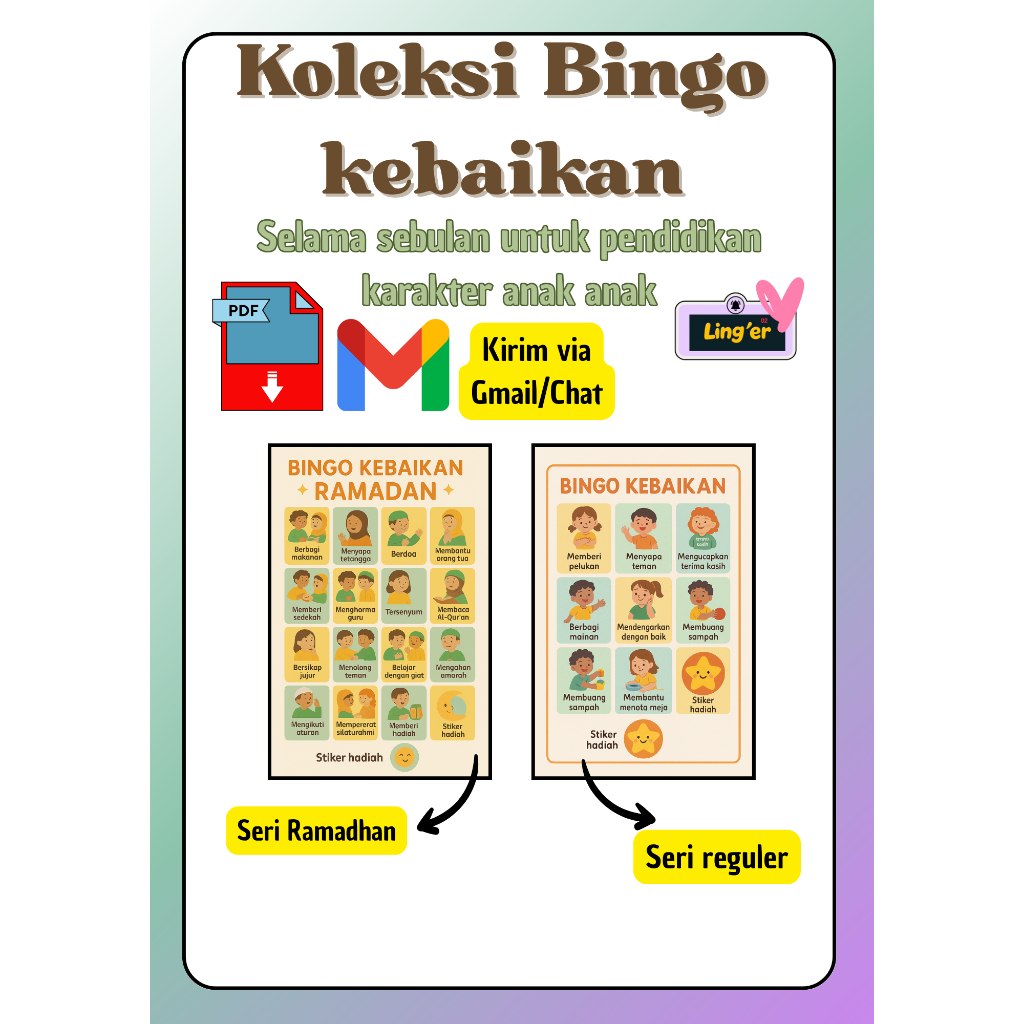 Bingo aktivitas kebaikan - printable untuk anak usia 3 -8 tahun,seri reguler dan Ramadhan.