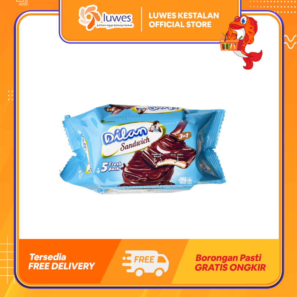 

Dilan 3 in 1 Sandwich 16gr x 5pcs Biskuit Cokelat Yang Berlapis Krim Coklat Di Luarnya & Di Dalamnya