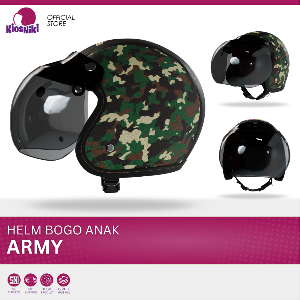 Helm Bogo Anak 2 - 7 Tahun Cewe Cowo SNI Kaca Cembung Warna Polos Army Tentara