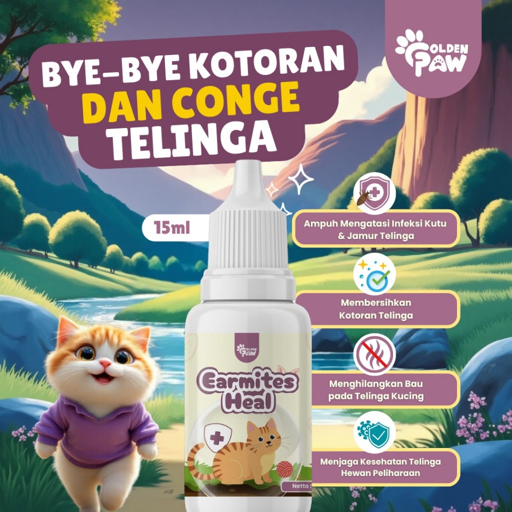 Golden Paw - Earmites Heal 15ml Cairan Pembersih Telinga Kucing Alami & Aman Mengatasi Infeksi Kutu 