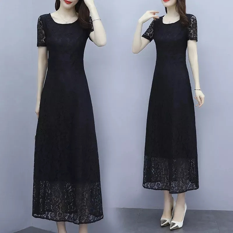 Dress Wanita Midi Brokat Premium O neck Dengan Lengan pendek Nyaman Adem Motif Bunga Korea Terbaru K