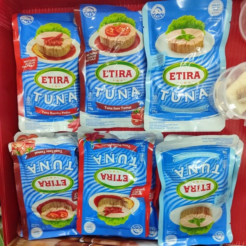 

Etira ikan tuna dalam kemasan foil 75 gr original canola oil, tomat, pedas siap makan, ready to eat