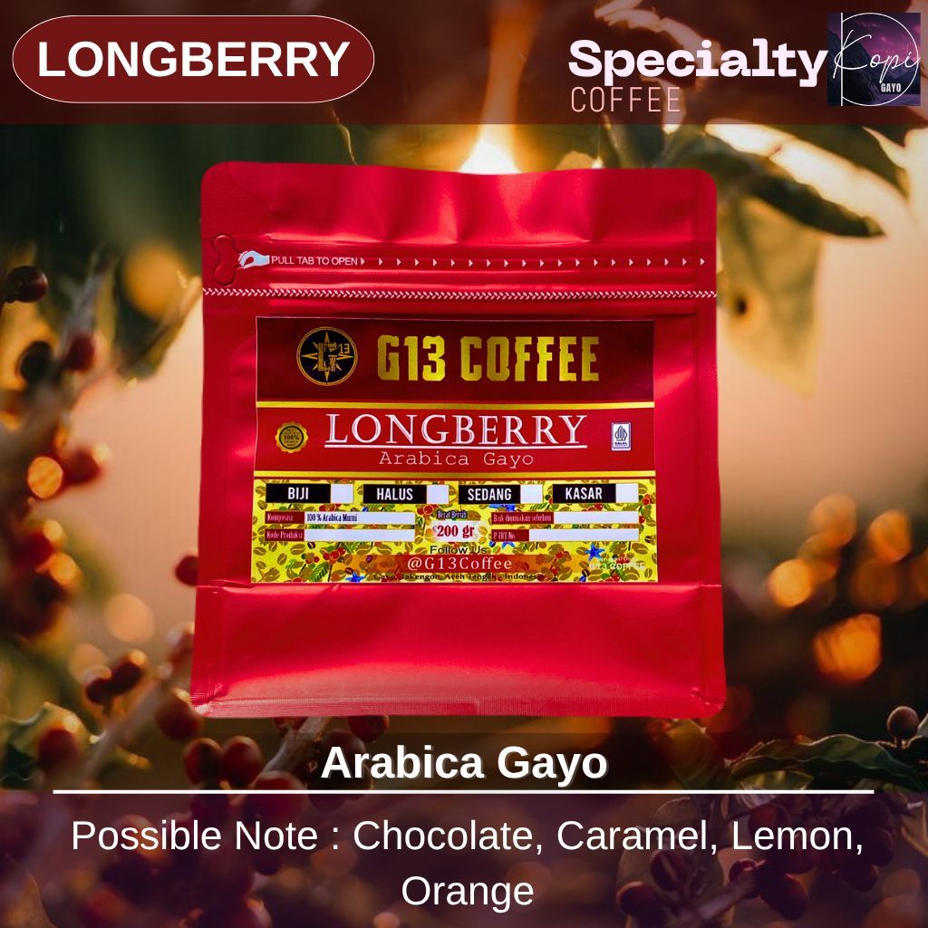 

Longberry Abyssinia Kopi Gayo Arabica Specialty Coffee Aceh Arabika Roasted Bean Biji Bubuk