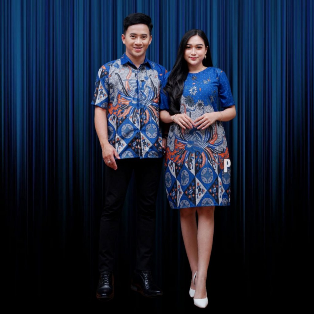 Couple dress batik terbaru harga sepasang Motif Kopri Biru baju couple dress batik korean style pres