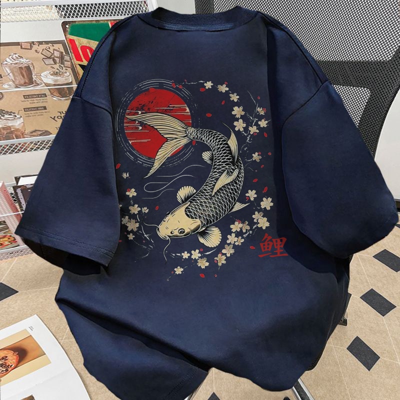 Marlacoeur Pola tradisional matahari merah bunga sakura ikan mas | Kaos Cowok Distro Original 100% |