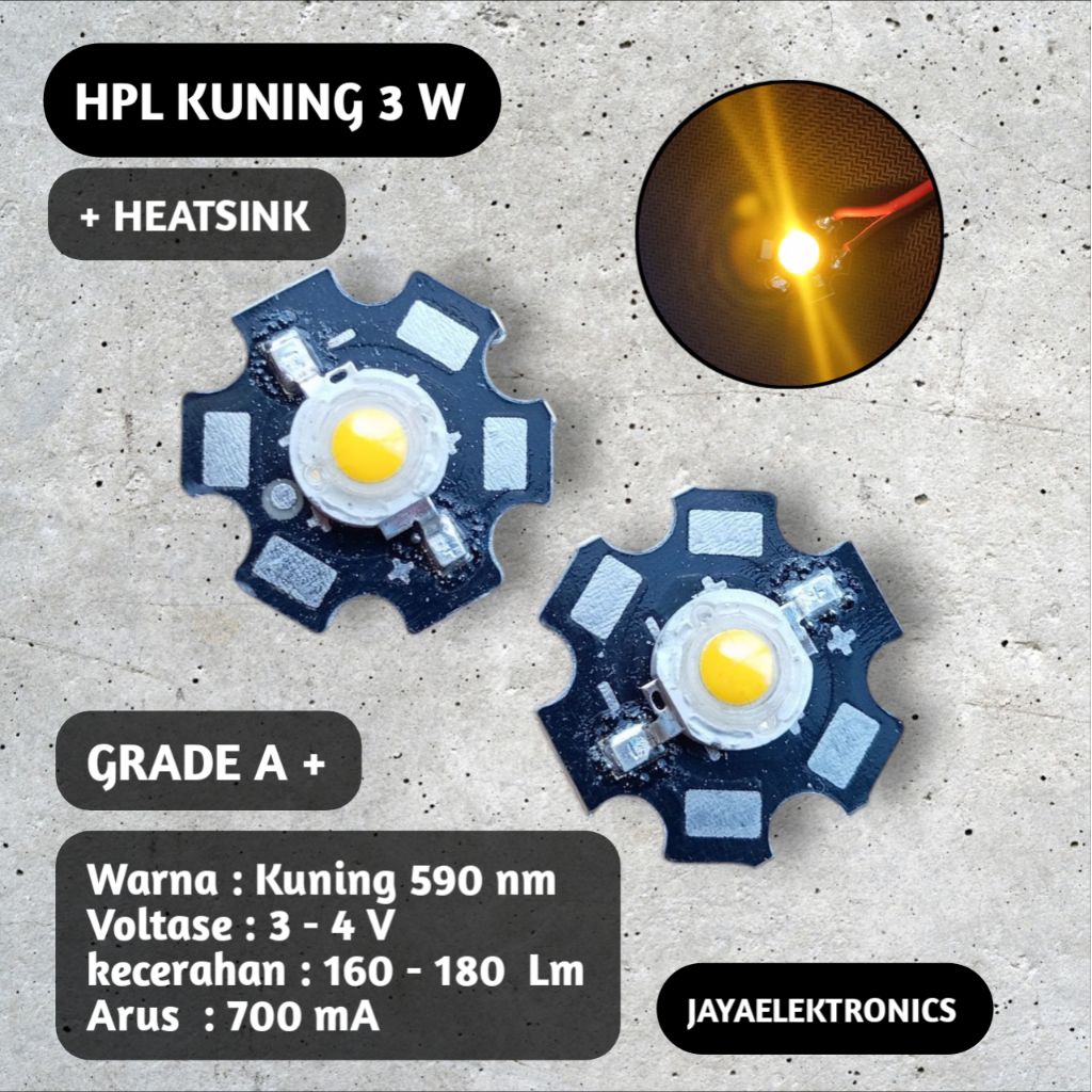 LED HPL 3 W + HEATSINK warna KUNING per 1 Pcs -Lampu senter HPL 3 watt, lampu aquarium, custom, hias