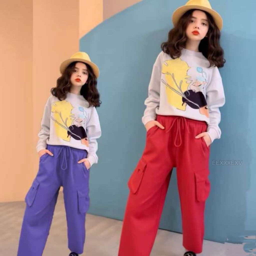 setelan celana cargo anak cewek kekinian