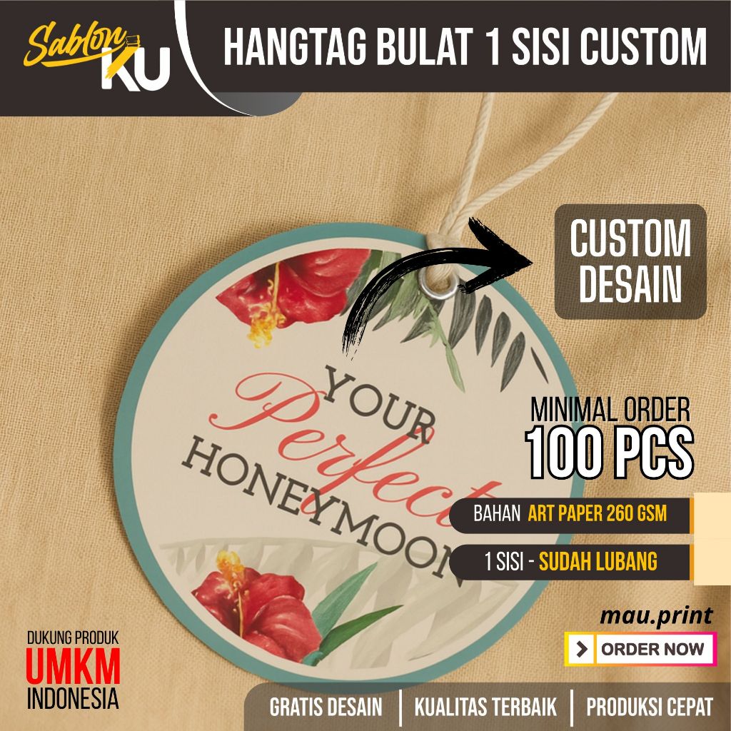

cetak print hangtag hang tag 1 sisi bulat custom desain label merek pakaian baju fashion murah
