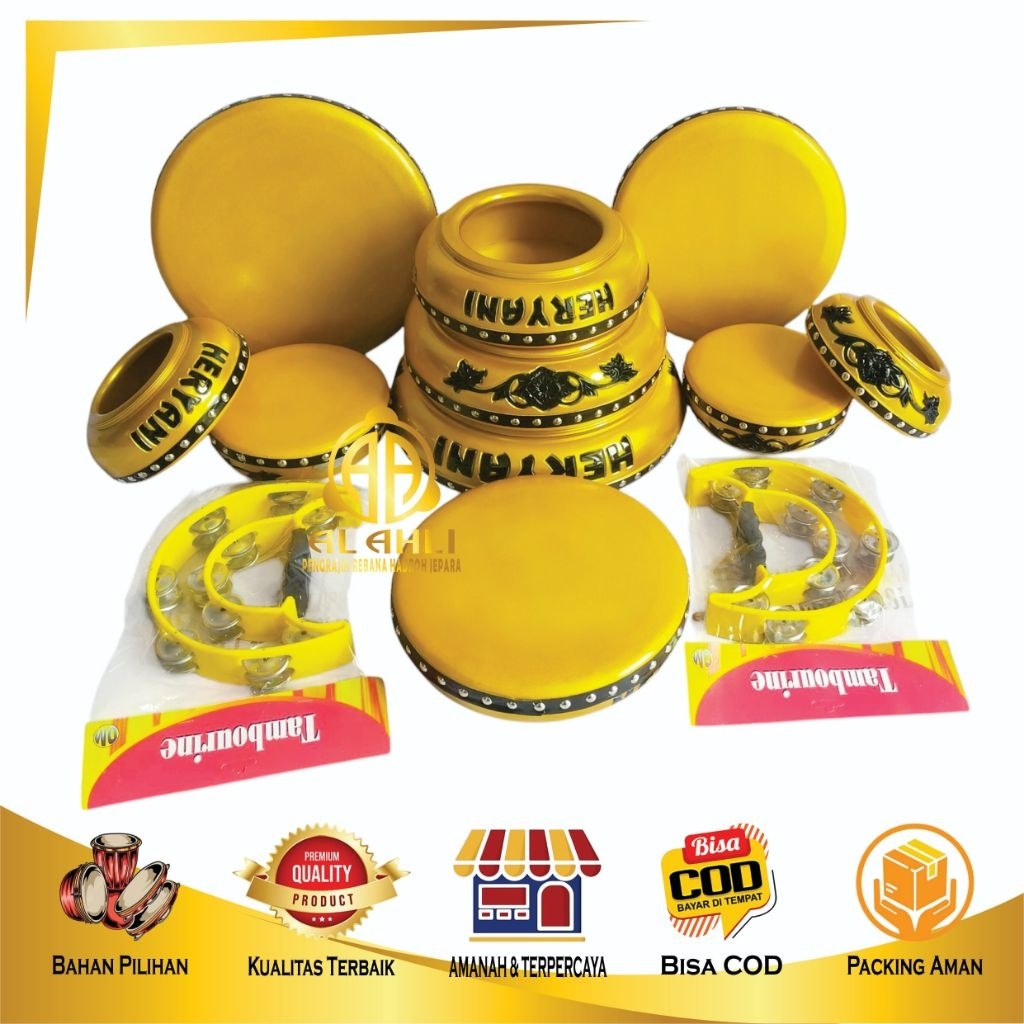 PROMO Rebana Qosidah Lasqi Ukir Jepara Berkualitas, Full Set 10 Rebana & 2 Tamborin (12 Pemain)