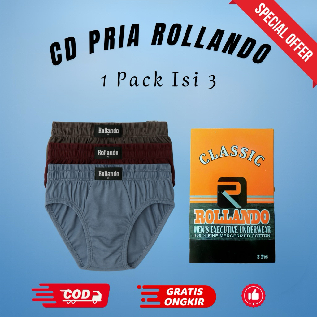 (1 PACK ISI 3) CD PRIA ROLLANDO - 100% KATUN ADEM NYAMAN SEHARIAN TERSEDIA UKURAN ANAK SAMPAI DEWASA