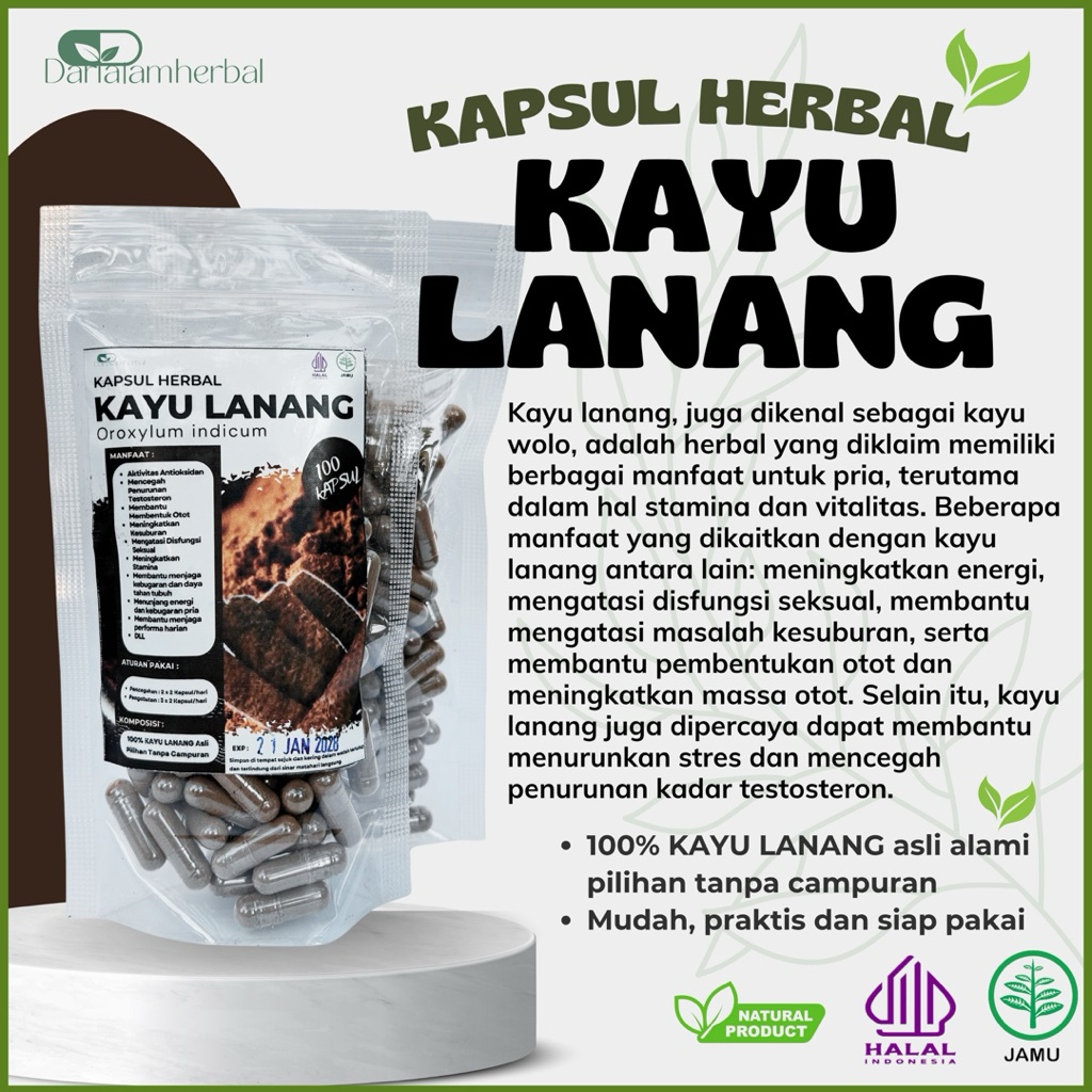 Kapsul Herbal KAYU LANANG / KAYU WOLO isi 100 kapsul | Kapsul Sejuta manfaat asli 100% Kayu Lanang/ 