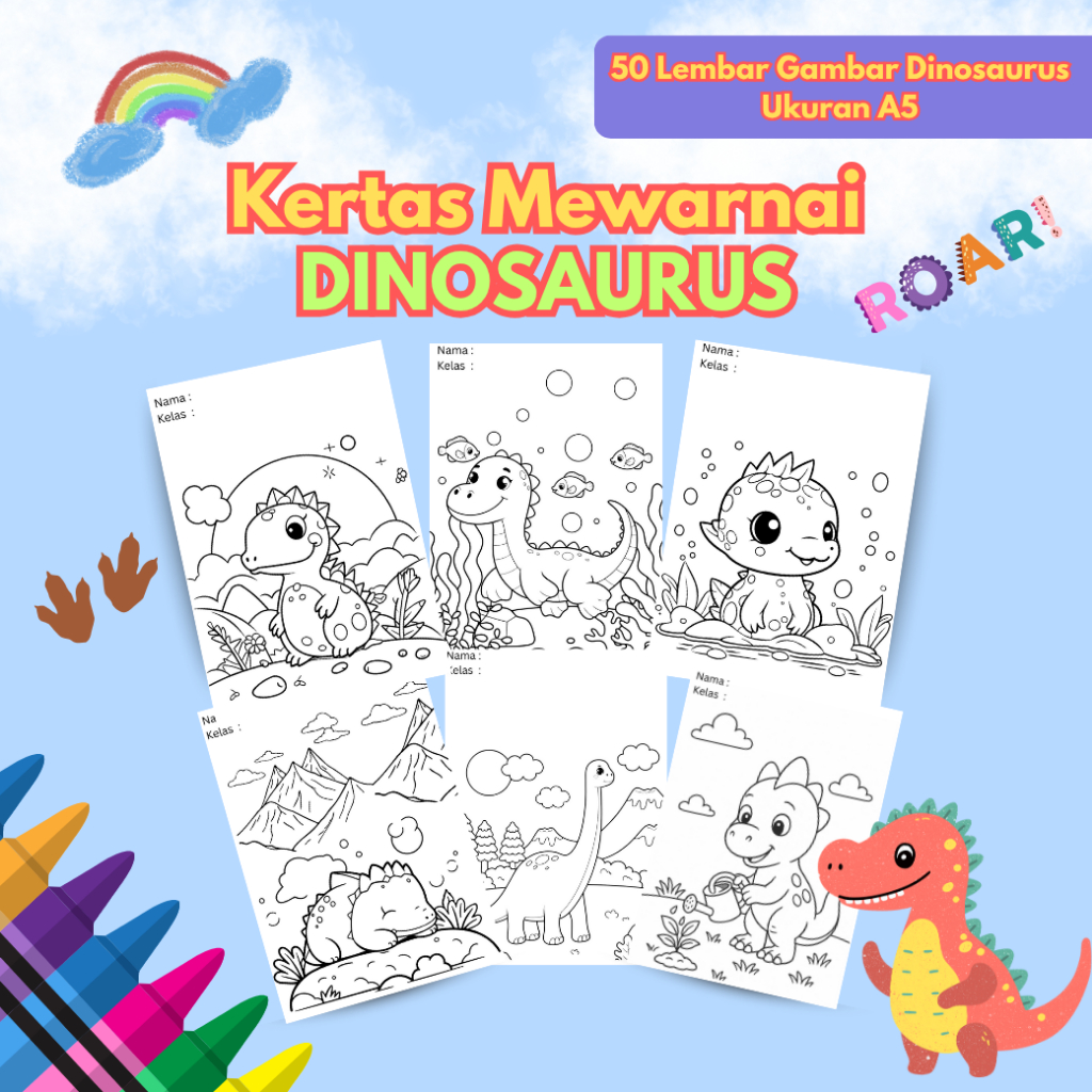 

Lembar Mewarnai Dinosaurus – 50 Gambar Berbeda (HVS A5)||Fun Dino Coloring||Paket Mewarnai Anak Tema Dinosaurus