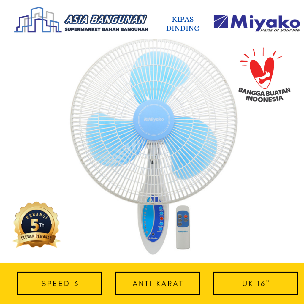 Kipas Angin Miyako Tempel Dingding Ukuran 16Inch Wall Fan Kipas Angin Remote Kaw-1689 Rc Pl