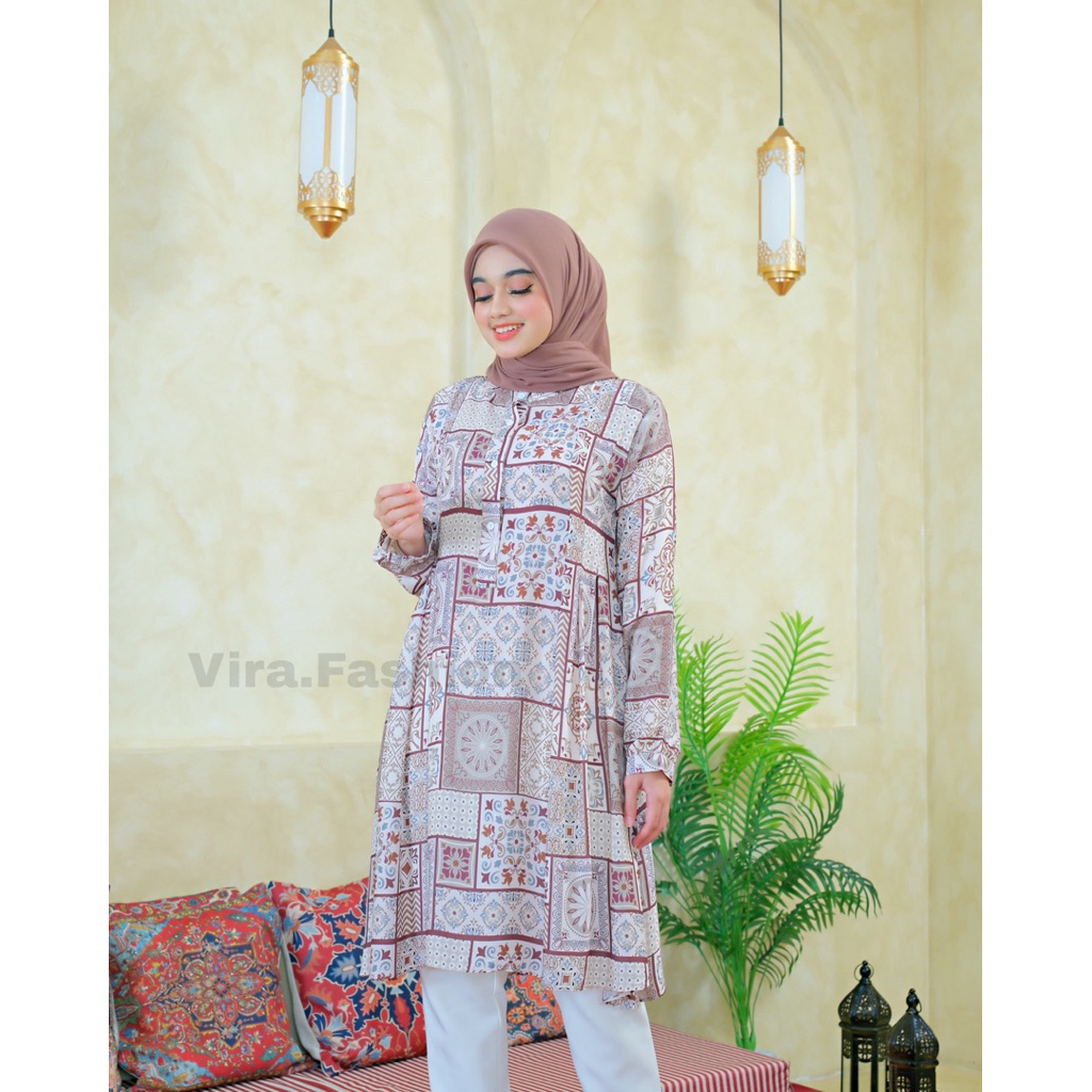 Baju Tunik Motif Batik Cantik Elegan-Baju Wanita Muslimah Tunik Motif Batif Bahan Rayon