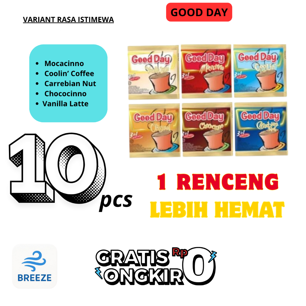 

GOOD DAY 1 RENCENG 10PCS kopi bubuk moccacino, Coolin’ Coffee,Carrebian Nut,Chococinno,VanillaLatte