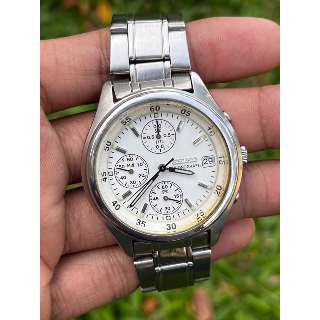 Jam Tangan Seiko Chronograph v657-7100 Quartz vintage White Dial jadul kuno antik fashion pria wanit
