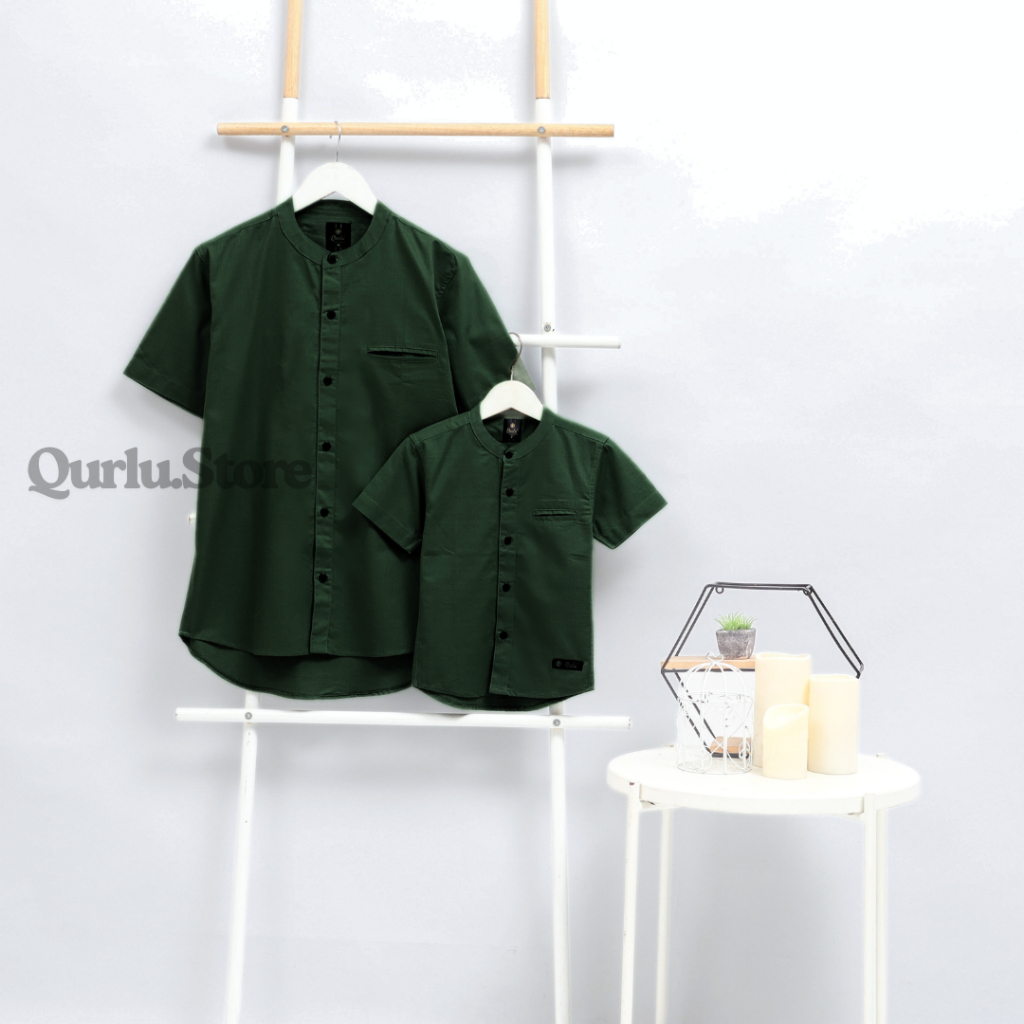 Qurlu - Kemeja Koko Dewasa/Anak warna HIJAU ARMY (baju couple ayah dan anak laki-laki) Baju Koko Pri